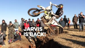 Graham Jarvis dropping off a hard enduro obstacle.