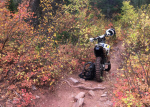 Dirt bike sitting on single track.