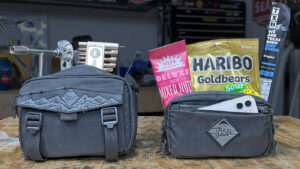 Small and medium Trailbound dirt bike handlebar bags with tools and snacks