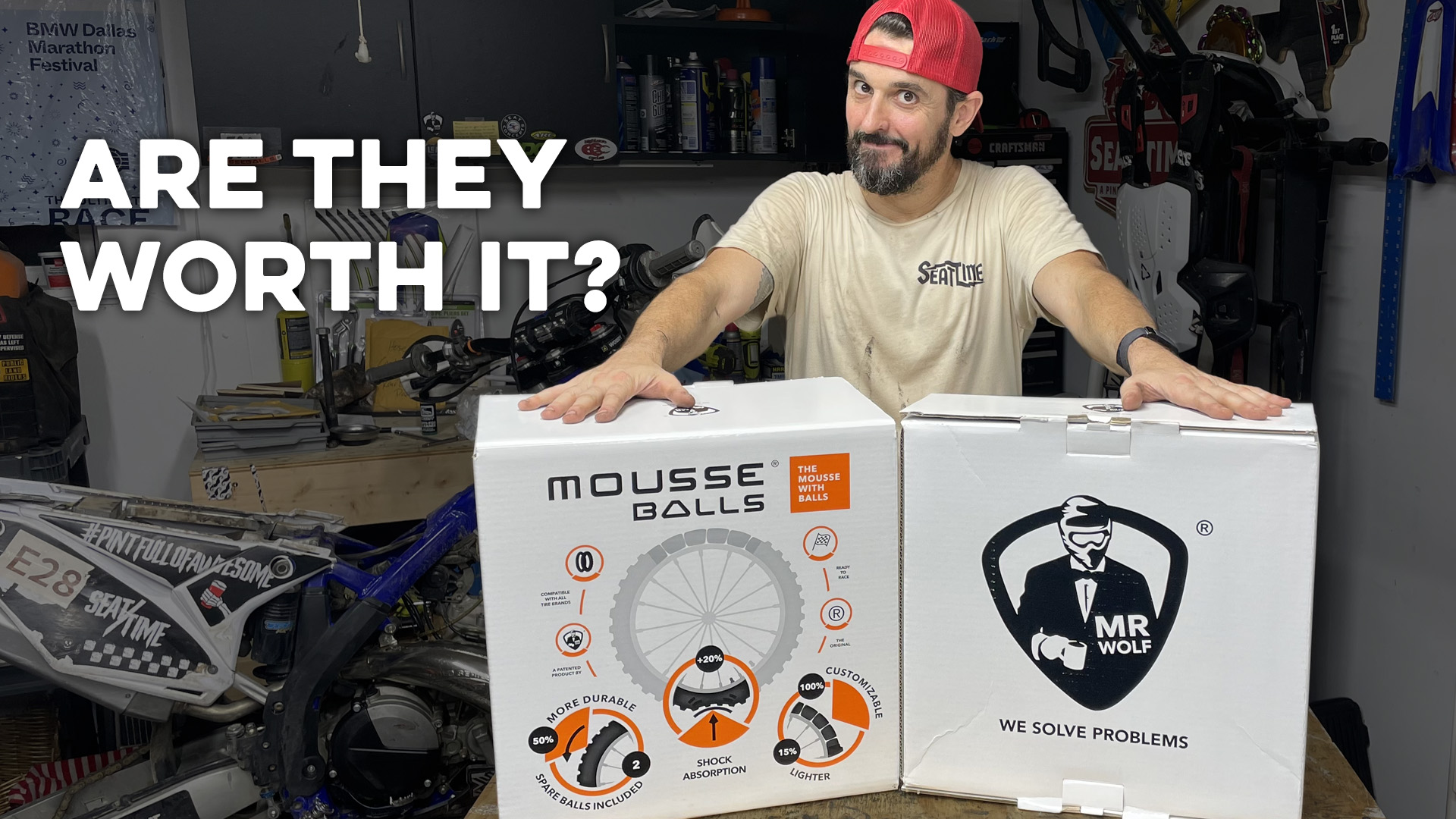 Mr Wolf mousse balls product review showing packaging and features for dirt bike flat prevention