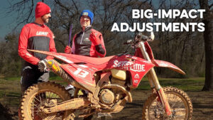 A dirt bike rider and coach explaining bike balance and proper gearing.