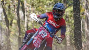Enduro racer looking far ahead down the trail.