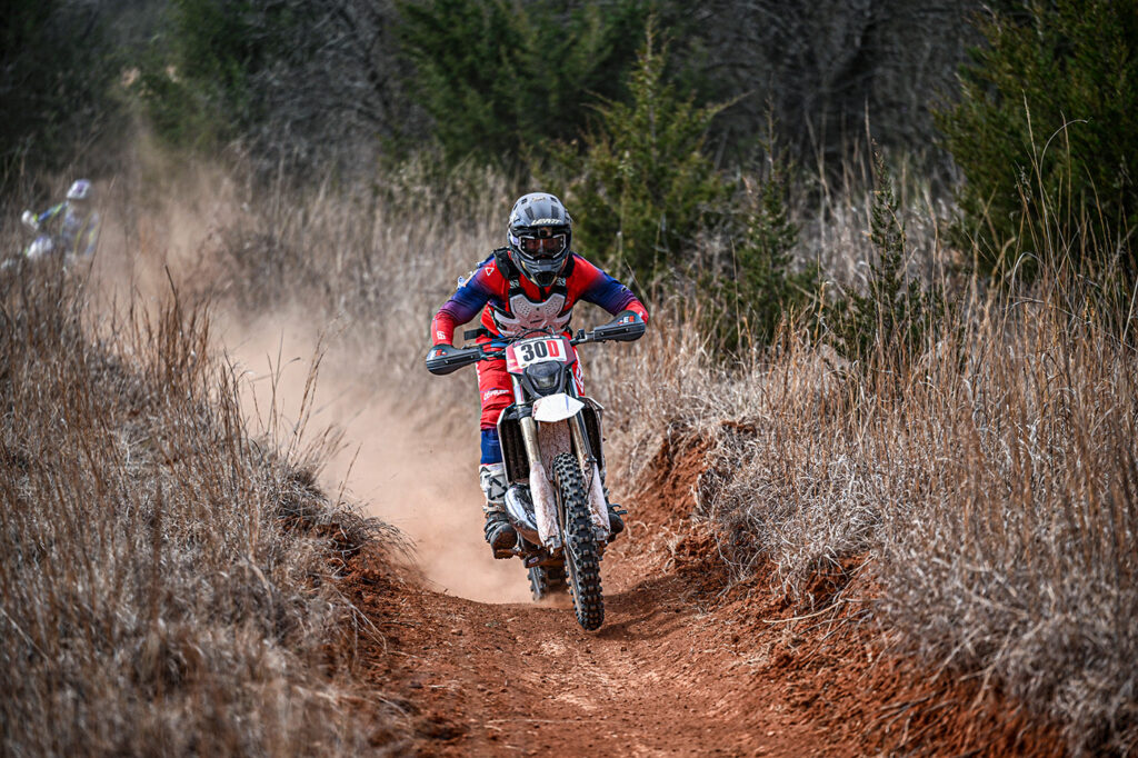 Enduro racer attacking an Oklahoma straight away on his Fantic XE300 two stroke.