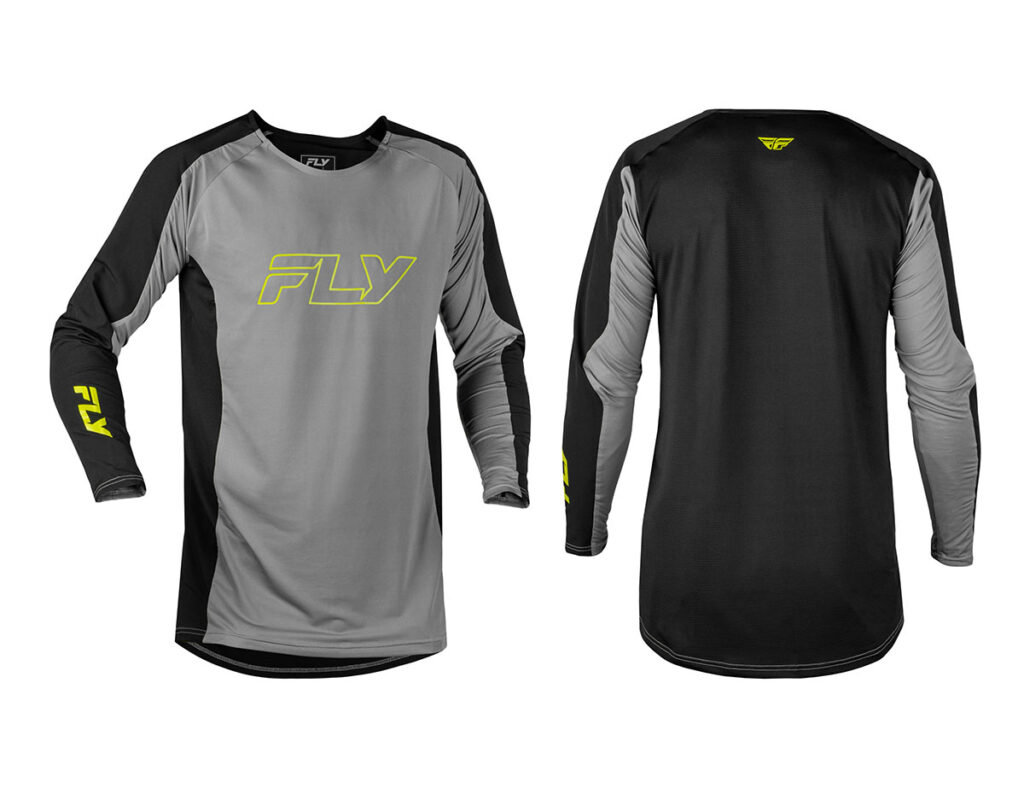 Fly Racing 2027 Patrol Elite long-sleeve off-road jersey in grey and black with fluorescent yellow Fly logo, front and back view.