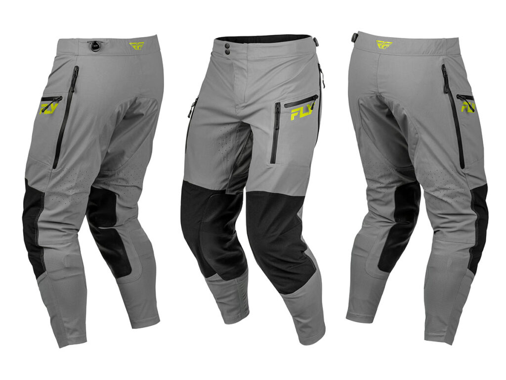 Fly Racing 2027 Patrol Elite off-road pants in grey and black shown from multiple angles with zippered cargo pockets and reinforced knees.