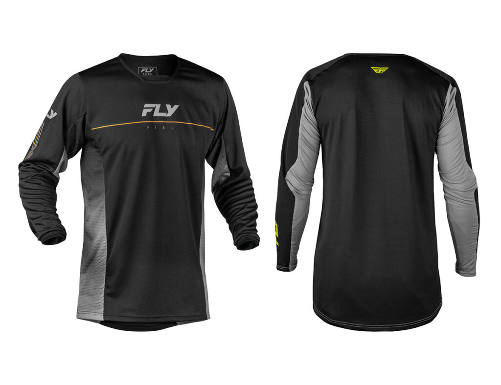 Fly Racing 2027 Patrol long-sleeve black off-road jersey with grey sleeves shown from front and back.