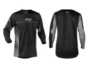 Fly Racing 2027 Patrol long-sleeve black off-road jersey with grey sleeves shown from front and back.