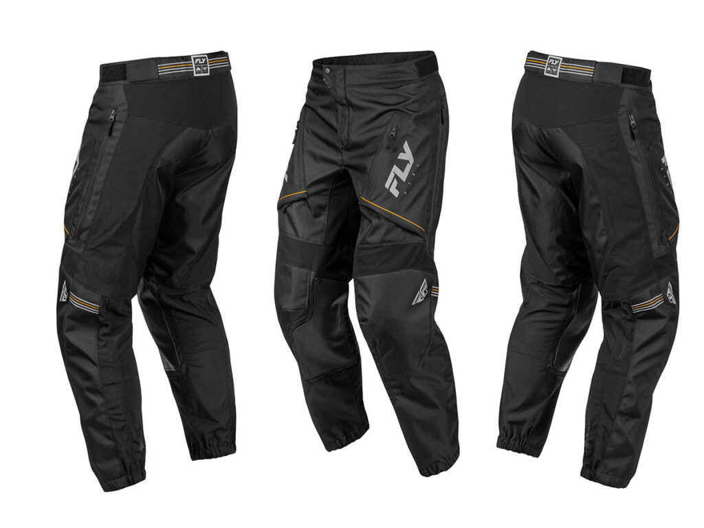 Fly Racing 2027 Patrol black in-the-boot off-road pants shown from multiple angles with cargo pockets and reinforced knees.
