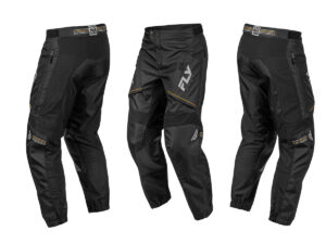 Fly Racing 2027 Patrol black in-the-boot off-road pants shown from multiple angles with cargo pockets and reinforced knees.