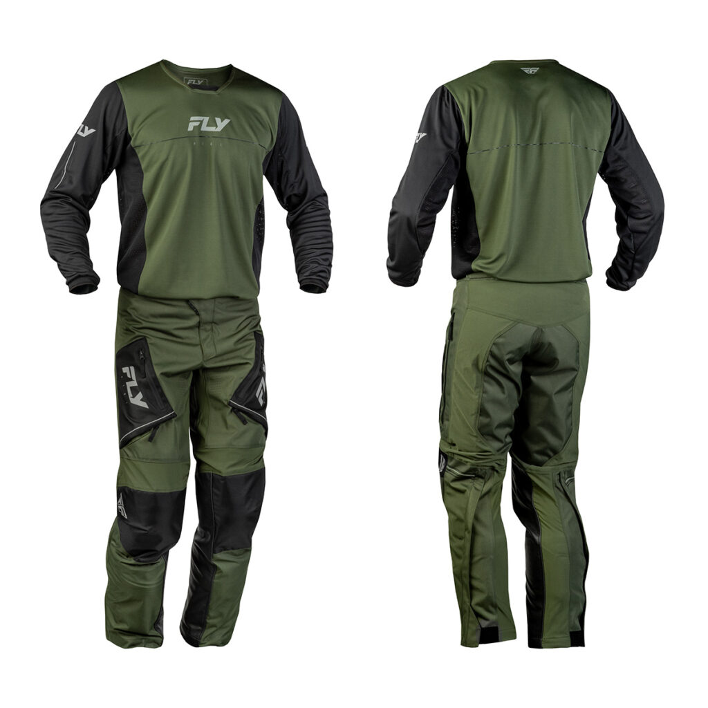 Fly Racing 2027 Patrol green and black over-the-boot off-road gear set with matching jersey and pants shown from front and back.