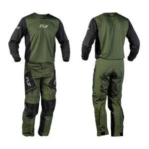 Fly Racing 2027 Patrol green and black over-the-boot off-road gear set with matching jersey and pants shown from front and back.