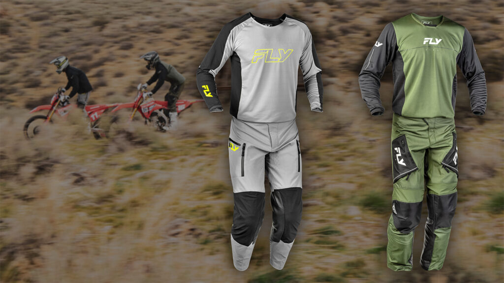 Fly Racing 2027 Patrol Elite and Patrol off-road gear sets overlaid on a trail riding scene with two dirt bikers in the background.