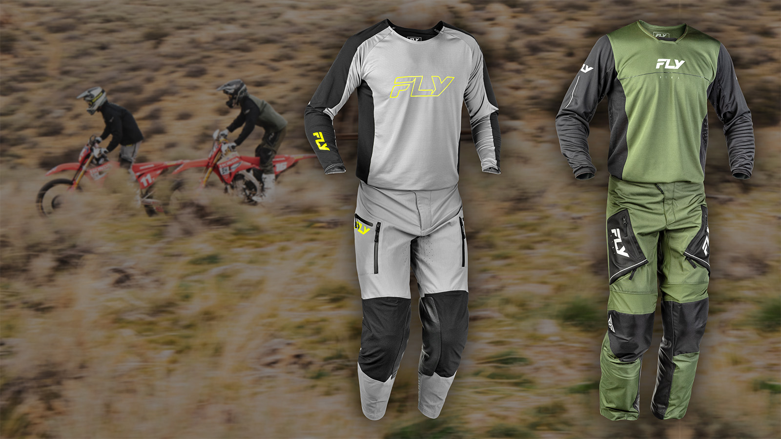 Fly Racing 2027 Patrol Elite and Patrol off-road gear sets overlaid on a trail riding scene with two dirt bikers in the background.
