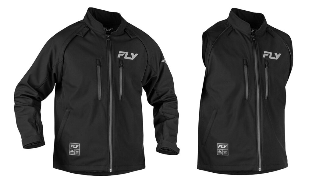 Fly Racing 2027 Patrol softshell jacket shown with sleeves on and removed to vest configuration, front view in black.